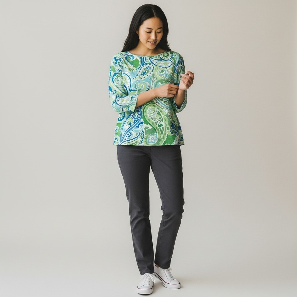 Talbots Paisley Boatneck Tee Size L Green Blue 3/4 Sleeve Cotton Blend Top